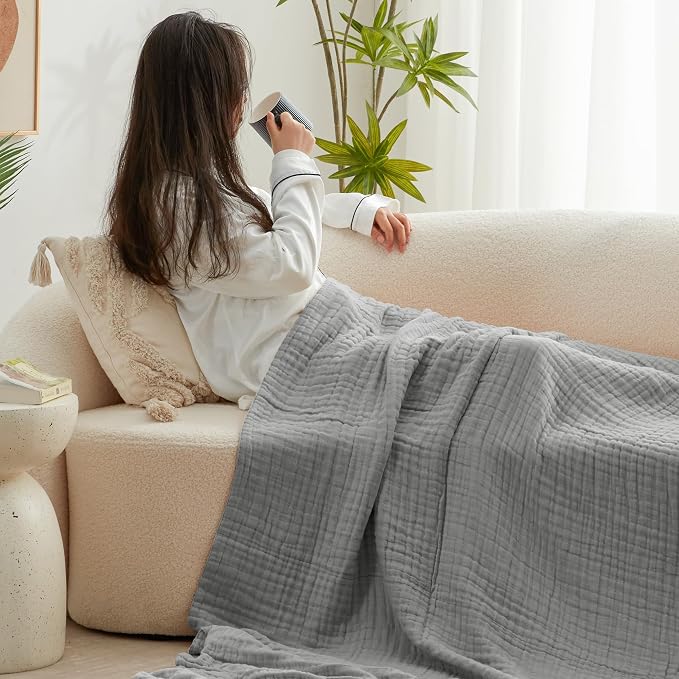 Love's cabin 100% Cotton Muslin Blanket, 6 Layer Lightweight Breathable Gauze Queen Size Blanket 90 x 90 Inches, Soft All Season Blanket for Bed, Medium Grey