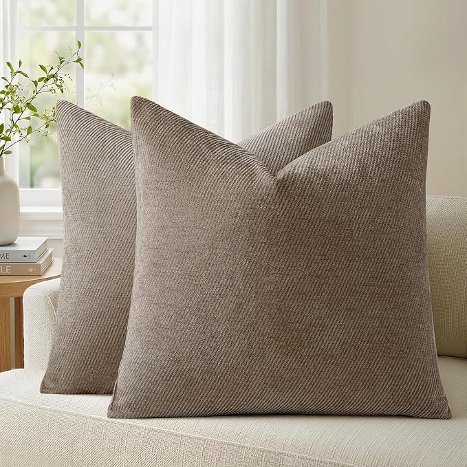 a moment Pack of 2 Decorative Chenille Throw Pillow Covers with Twill Cushion Covers for Sofa Living Room Couch Bed 24x24 Inch Dark Brown