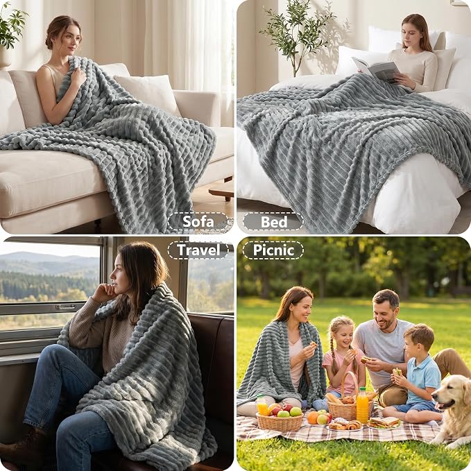 Gray Blankets Queen Size for Bed, 90 x 90 Inch | 300GSM Ribbed Fleece Blanket, Soft, Cozy & Lightweight, OEKO-TEX Certified, All-Season for Bedrooms, Guest Rooms & Gifting