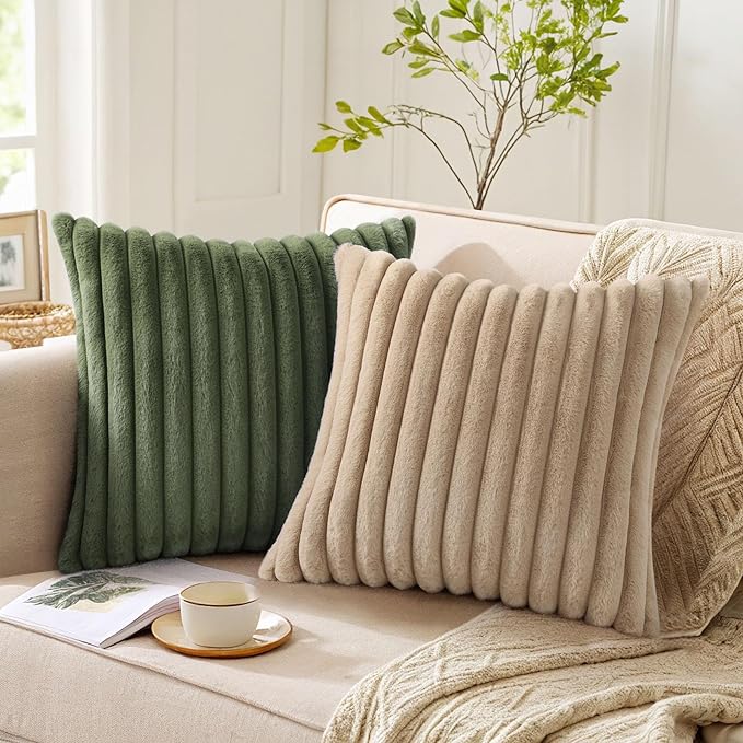 Pallene Faux Fur Decorative Throw Pillow Covers 26x26 Set of 2, Olive Green | Luxury Plush Texture, Striped Design, Cozy Soft Touch, Modern Home Accent Decor for Couch, Sofa, Bed, Living Room