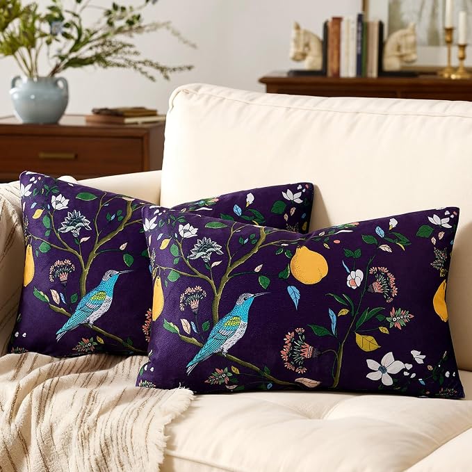 MUSSEL Purple Velvet Floral Decorative 12x20 Lumbar Pillow Covers Set of 2 | Durable and Sturdy,Botanical Printed Pattern,Throw Pillows Case,Rectangle,Colorful Farmhouse,Home Sofa Bed Couch Decor