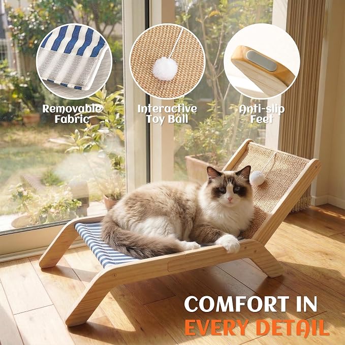 PETKARAY Beach Chair Cat Hammock, Elevated Cat Beds for Indoor Cats, Original Cozy Lounger with Sisal Scratcher and Toy Ball