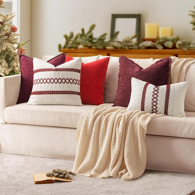MIULEE Decorative Lumbar Throw Pillow Covers 12x20 Inch Burgundy Red 2 Pack | Farmhouse Pillow Covers with Stitched Edge, Soft Chenille Cushion Cases, for Couch Sofa Bed Living Room Home Decor
