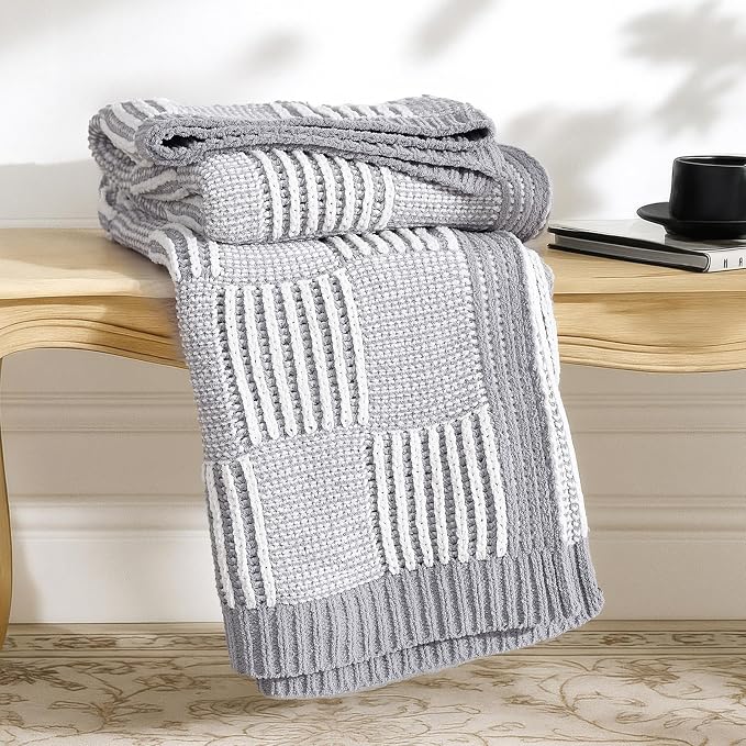 Knit Throw Blanket, Soft Chenille Cozy Breathable Dual Tone Checkered Chunky Decorative Blanket for Couch, Bed & Sofa, French-Inspired Lightweight Warm Gift for Women, Gray, 50"x60"