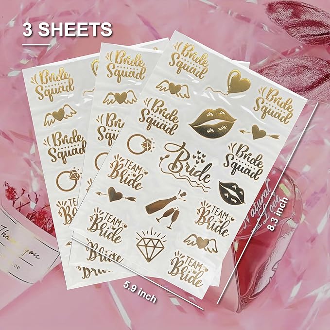 Bride's Babes Bachelorette Temporary Tattoos, Bride Tribe Cheers Gold Metallic Tattoos for Bachelorette Party Bridesmaid Favors Decorations(Bride Squad)