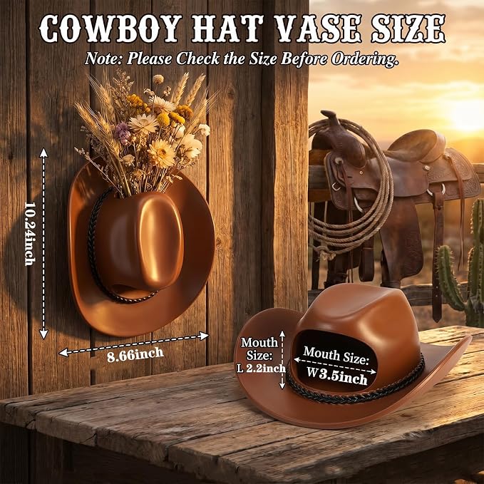 Hanging Wall Vase for Flowers Resin Cowboy Hat Vase Western Decor Brown