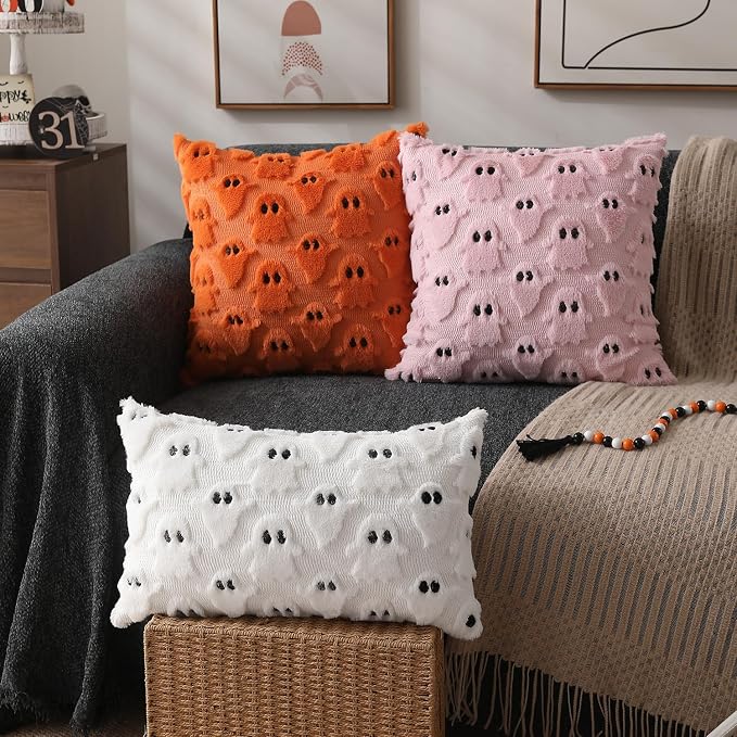 DFXSZ Halloween Pillow Covers 12x20 inch 2Pcs White Ghost Halloween Decor | Halloween Decorations Set of 2 Throw Pillow Cases Plush Faux Fur Wool Cushion for Chair Sofa Bedroom Living Room Home Decor