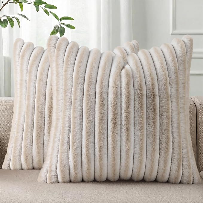 Pallene Faux Fur Decorative Throw Pillow Covers 16x16 Set of 2, Ombre Beige | Luxury Plush Texture, Striped Design, Cozy Soft Touch, Modern Home Accent Decor for Couch, Sofa, Bed, Living Room