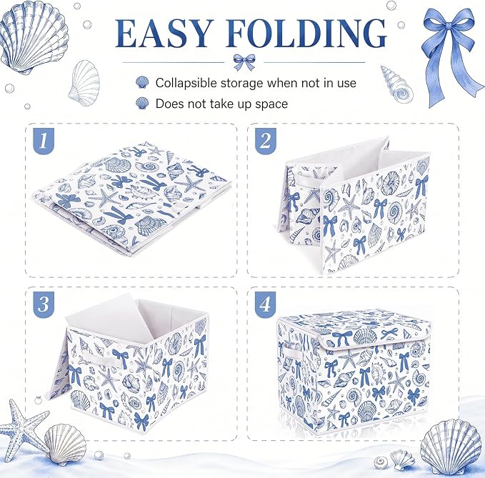 Briwooody Beach Storage Bin with Lid and Carrying Handle Coastal Blue Bow Seashell Foldable Storage Box Summer Bachelorette Party Decorative Collapsible Container Basket for Closet Home Bedroom Gift