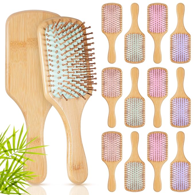 Tessco for you 12 Pcs Bamboo Hair Brushes Bulk Wooden Paddle Brush Scalp Massage Bristle Anti Static Engraving DIY Gifts for Women, Party, Wedding(9.65'' X 3.35'',Macaron)