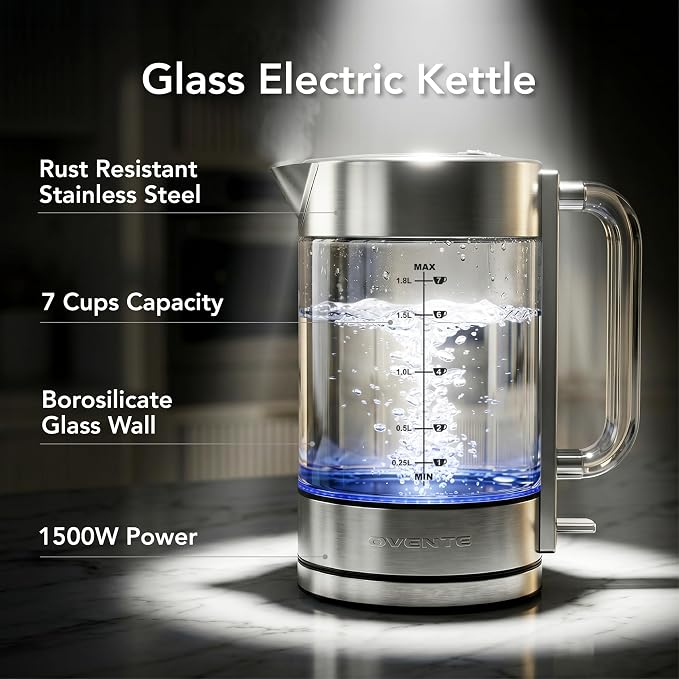 OVENTE Electric Kettle, 1.8L Tea Kettle Cordless with Borosilicate Glass Water Boiler, Stainless Steel Base, Acrylic Handle, 1500W Fast Boil Electric Kettle, Easy Fill Lid, Auto Shutoff, Silver KG911S