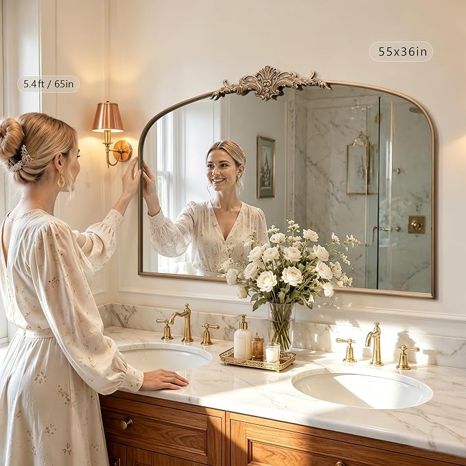 Besdomus Antique Arched Gold Mirror: 55"x36" Extra Large Brass Decorative | French Vintage Baroque Ornate Metal Frame for Home Renovation - Ideal for Double Vanity/Entryway/Fireplace Mantel/Living Room