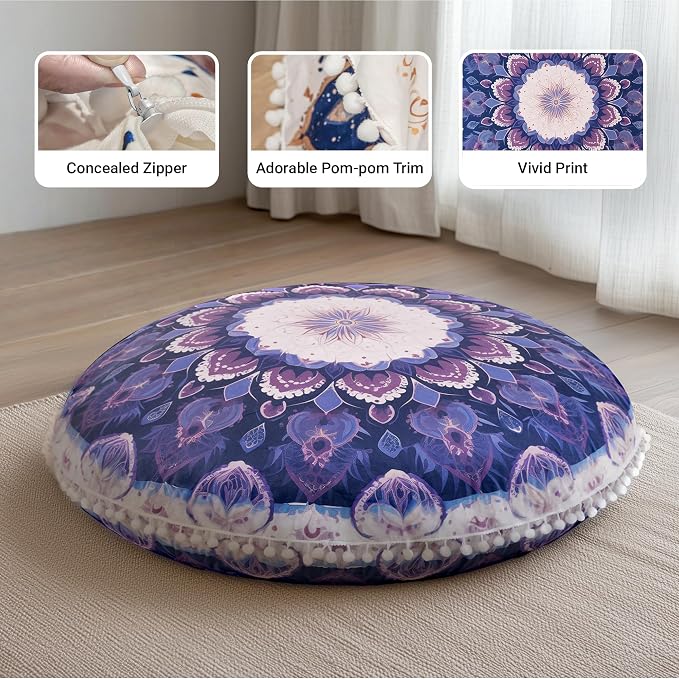 Meditation Cushion 32 Inch Round, Large Floor Pillow Seating for Adults, Bohemian Mandala Yoga Cushion, Extra Thick Memory Foam Removable Washable Cover, Ideal Gift & Holiday Decor, Purple