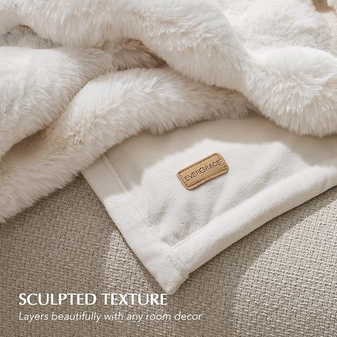 Faux Rabbit Fur Bubble Throw Blanket, 90"x90", Ivory White | Ultra Soft, Luxury Faux Rabbit Fur Throw, Thick Warm Bubble Blanket, Cozy Fluffy Reversible, for Bed, Couch, Chair, Sofa