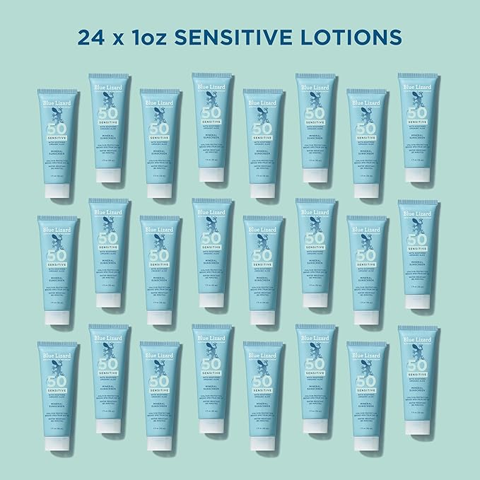 Blue Lizard Sensitive Mineral SPF 50 Sunscreen Lotion, 100% Mineral Active Sunscreen, Travel Size, UVA/UVB Protection, Infused with Organic Aloe Vera, We Love The Reef Formula, 1 fl oz, 24-Pack