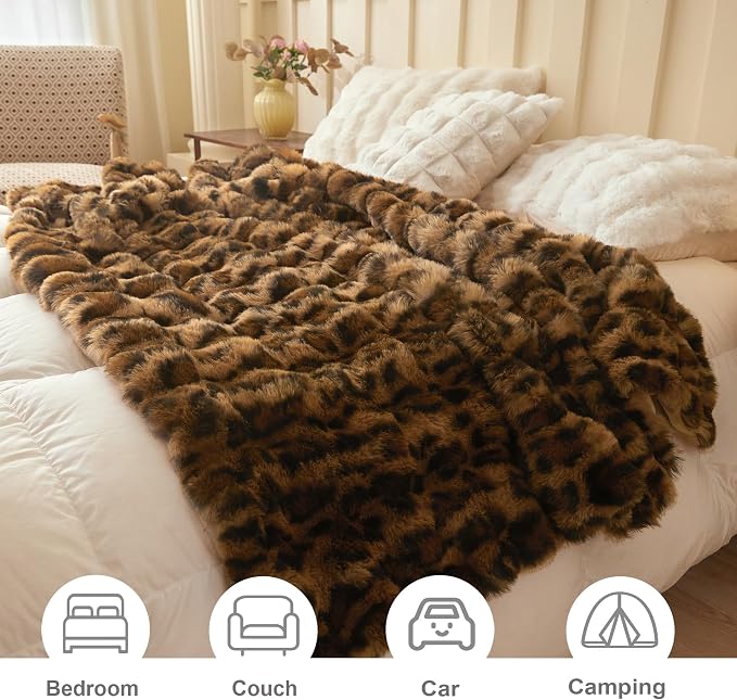LIFEREVO Cheetah Print Luxury Fluffy Faux Rabbit Fur Throw 50x60, Brown | Leopard Print Plush Bubble Blanket for Bed Couch Sofa, Decorative Soft Furry Lap Throw for Bedroom Living Room Office