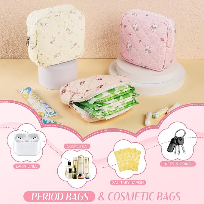 Likesing Quilted Period Bag, Period Pouches for Teen Girls Womens, Portable Floral Print Sanitary Napkin Storage Bag Feminine Emergency Tampon Pad Pouch(BPink Bear)