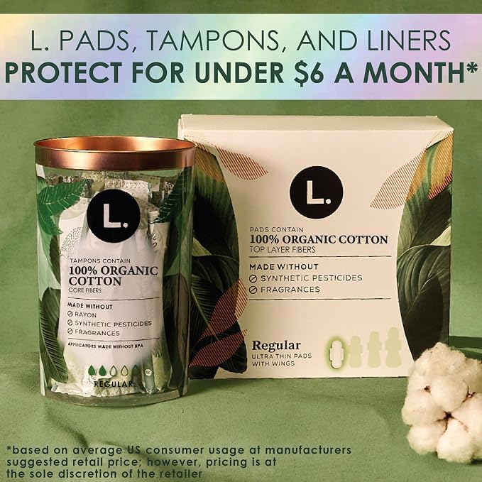 L. Tampons, Made with Organic Cotton, Regular/Super Absorbency, Multipack, Made Without Synthetic Pesticides, Rayon or Fragrances, Applicator Made Without BPA, Leak-Stopping Design, 18 Count