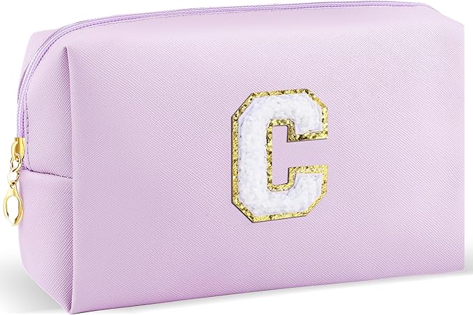 URSKYTOUS Gifts for Girls Initial Makeup Bag Personalized Cosmetic Bag with Zipper Cute Travel Toiletry Bag Waterproof PU Preppy Makeup Pouch Birthday Gift for Teen Girls Women(Purple C)