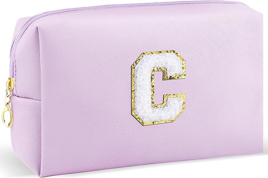 URSKYTOUS Gifts for Girls Initial Makeup Bag Personalized Cosmetic Bag with Zipper Cute Travel Toiletry Bag Waterproof PU Preppy Makeup Pouch Birthday Gift for Teen Girls Women(Purple C)