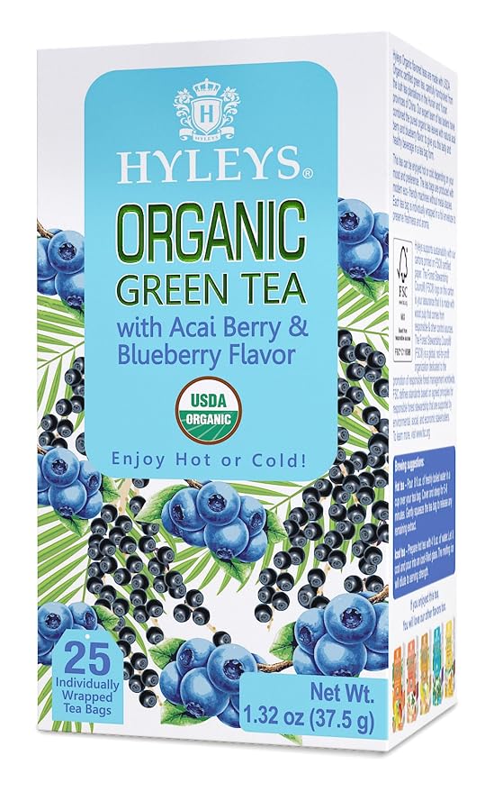 HYLEYS Organic Green Tea with Acai Berry and Blueberry Flavor, 25 Individually Wrapped Tea Bags - USDA Organic Graviola Guanabana Tea with Light Caffeine