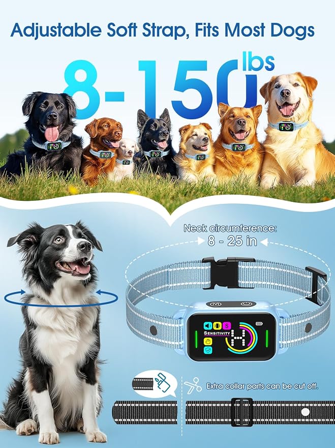 DINJOO Bark Collar for Large Medium Small Dogs - Smart AI 1S Stop Barking, Anti Barking Device & Dog Training Collar with Beep, Vibration & 8-Level Sensitivity, IP67 Waterproof - Paste Blue