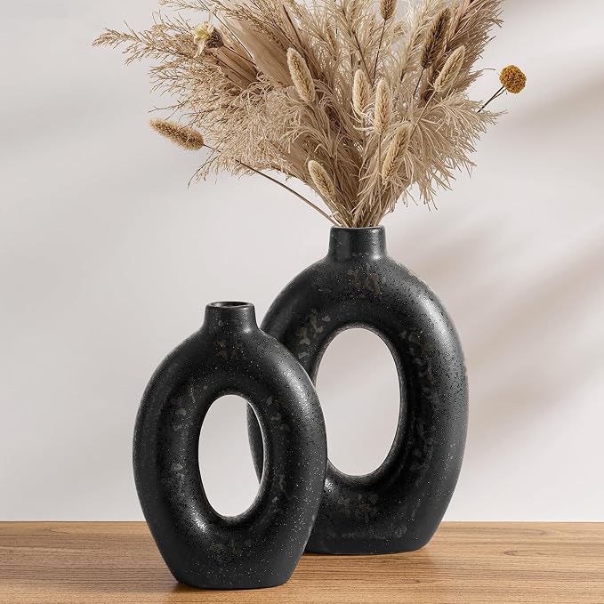 LE TAUCI Ceramic Vases Set of 2, Black Hollow Donut Flower Vases, Modern Decorative Centerpiece for Home Decor, Coffee Table, Shelf, Mantel, Black Bronze Speckle (H10.5”xW8.5”)