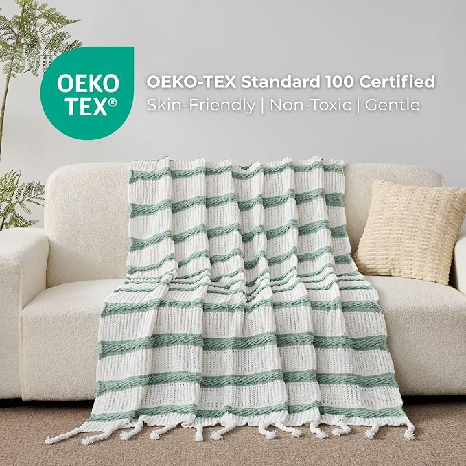 Boho Knitted Chenille Blanket with Tassels - Lightweight & Soft All-Season Throw - 3D Classic Pattern for Living Room Bedroom Couch, Sage Green(Striped), Queen 90"x90"
