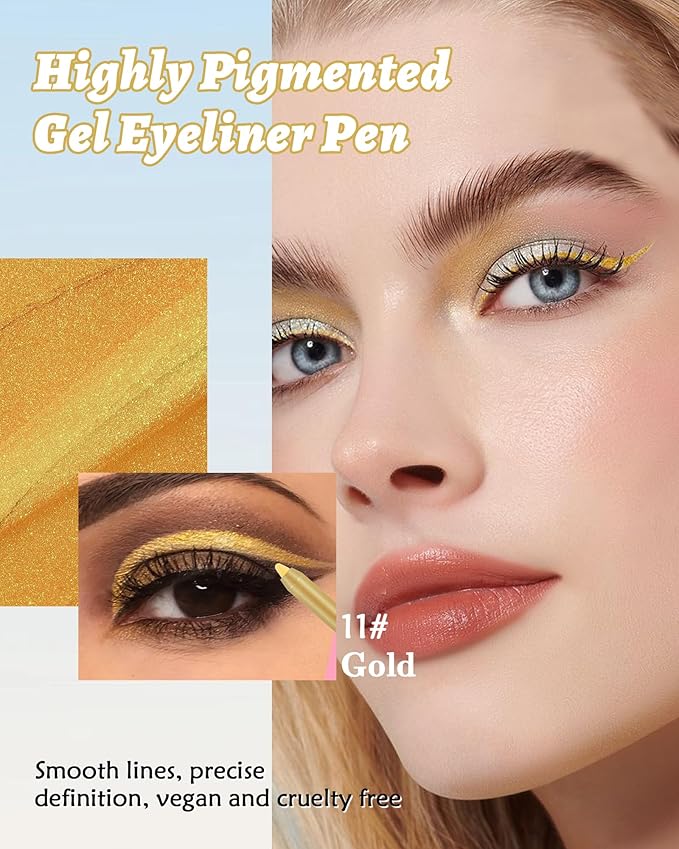 Waterline Gel Eyeliner Pencil, Gold Waterproof Smudge-Proof Long Lasting Eye Liner pencil with Sharpener, Hypoallergenic Creamy Smooth Eyeliner Pencils, High-Pigment Creamy Matte Formula-11