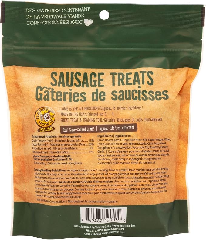 Happy Howie's Sausage Treats, Healthy Dog Treats, Lamb, (Pack of 3) | Flavorful Slow Cooked Lamb, Natural Ingredients, Chewy, Hormone Free