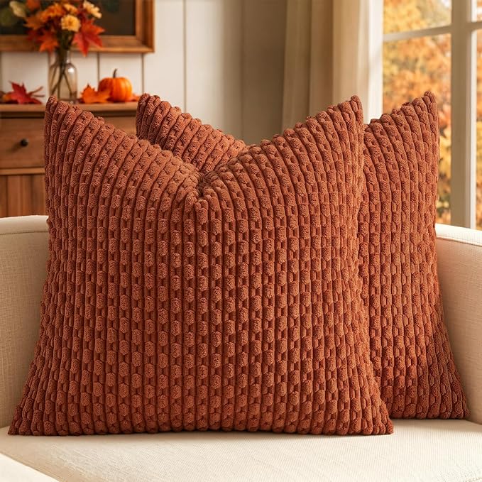 MIULEE Euro Sham Fall Decorative Throw Pillow Covers 24x24 Rust Corduroy | Terracotta Textured Striped Pack of 2 Striped Pillow Covers Modern Farmhouse Autumn Home Decor for Couch Bed Sofa Living Room