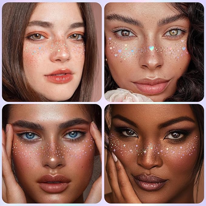 8Pcs Face Makeup Patches, Glitter Freckles Face Tattoo for Teenagers & Young Women, Sparkle Freckles Makeup Patches, Waterproof Face Glitter Freckles for Christmas (8PcsB Holographic Multicolor)