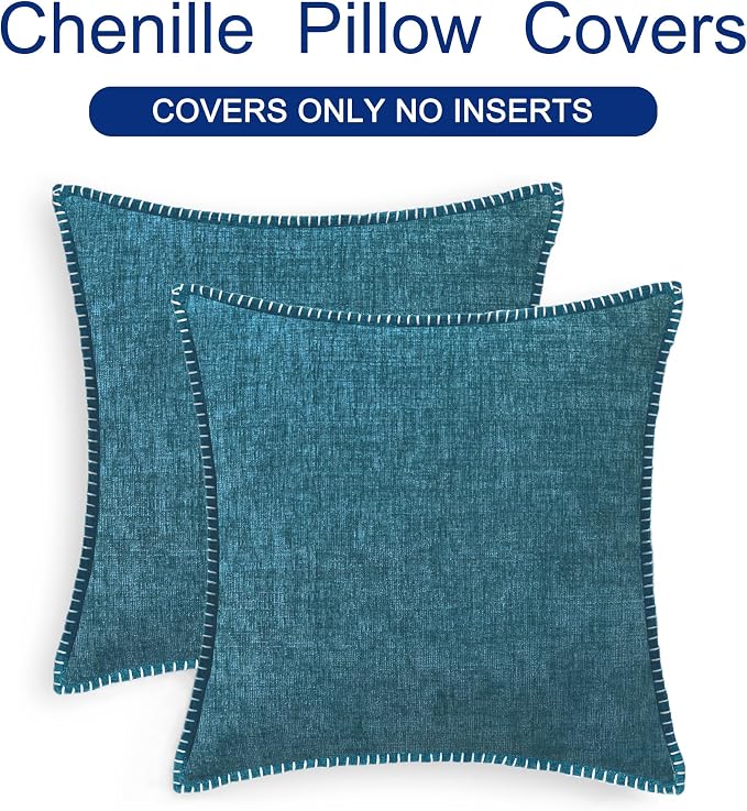 CaliTime Decorative Couch Throw Pillow Covers 18 X 18 Inches Ocean Blue | Pack of 2, Cozy Chenille Cushion Cases, Cotton Thread Stitching Edges, for Sofa Bed Living Room Farmhouse