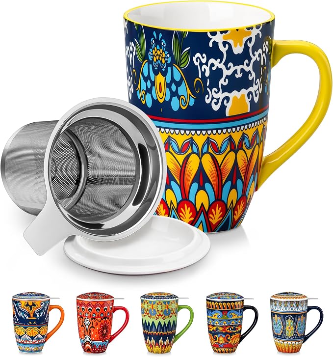 vancasso Ceramic Tea Cup with Infuser and Lid, 18 Ounce Tea Infuser Mug for Loose Leaf Tea, Microwave & Dishwasher Safe, Bohemian Mandala, Gift for Tea Lovers, Golden Lotus Mirage