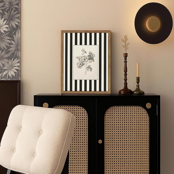 Framed Vintage Floral Wall Art, Black and White Stripes Flower Canvas Wall Decor Paintings, Minimalist Botanical Artwork Print Picture for Living Room Bedroom Bathroom 12x16 Inch