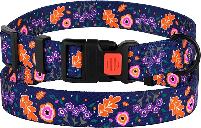 Nylon Dog Collar Floral Pattern Navy Blue 18-16 inch