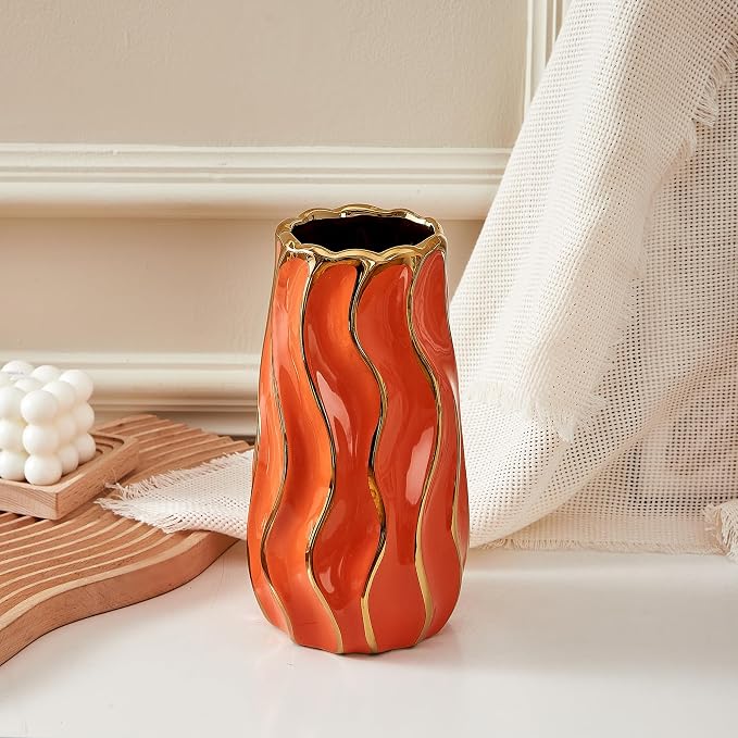 Ceramic Vase, Orange Vase for Home Decor,Decorative Flower Vase, Vertical Stripe Ceramic Vases for Home Décor, Bedroom, Office, Living Room, Bathroom, Tabletop Decor, Centerpiece (Orange)