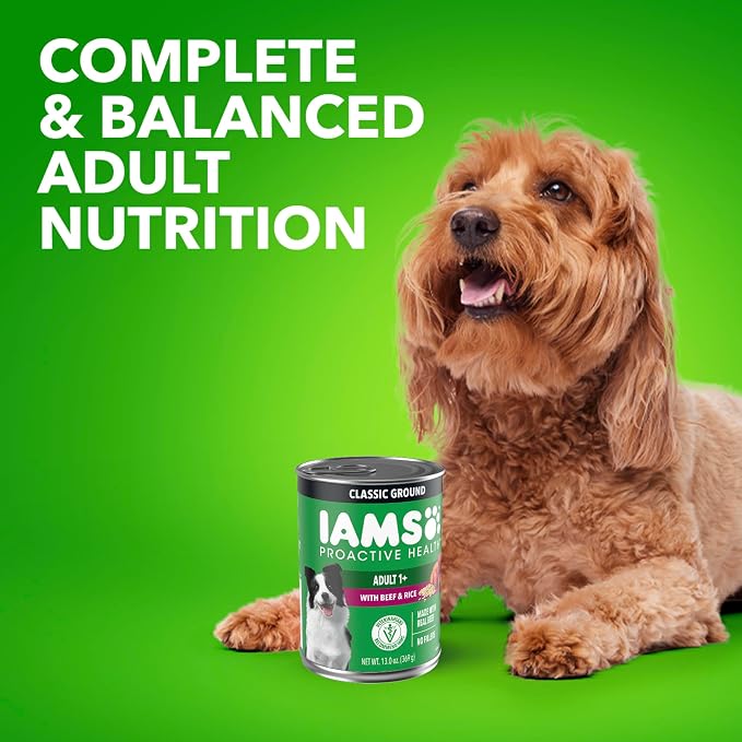 IAMS Proactive Health Ground Wet Dog Food, Beef & Rice, 13 oz, 12 Pack | Real beef, Omega-6 for skin & coat, no fillers or artificial flavors, 100% complete & balanced for adult maintenance