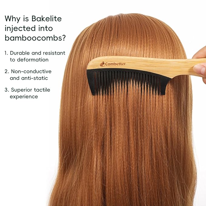 Combetter Natural Bamboo Comb for Detangling, Durable Bakelite Infused Anti Static Fine tooth Comb for Curly, Thick, Think Hair & Beard, Eco-Friendly Hair Comb for Women,Men