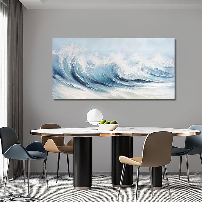 Belmrxne Coastal Wall Art Blue and White Wall Decor Ocean Canvas Painting Wave Textured Artwork Modern Aesthetic Wall Painting for Living Room Bedroom Office 29x58 Inches