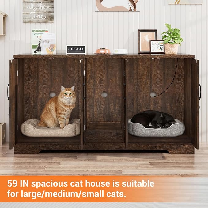 59.1" Cat Litter Box Enclosure for 2 Cats, Hidden Litter Box Furniture with Dog-Proof Lockable Door and Built-in Power Outlet, Litter Collector, Vent Openings, Anti-Tip Kit and Magnetic Door, Brown