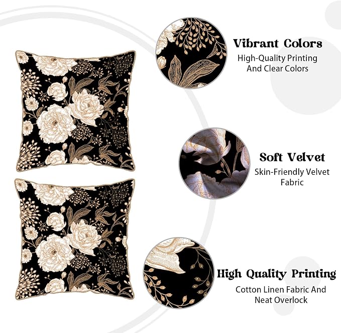 KSLIDS Vintage Peony Roses Floral Soft Velvet Throw Pillow Covers Set of 2 White Roses Flower Bloom Leaves Decorative Pillow Covers 18x18 Inch Black Gold Cream Pillow Case for Sofa Couch Home Decor