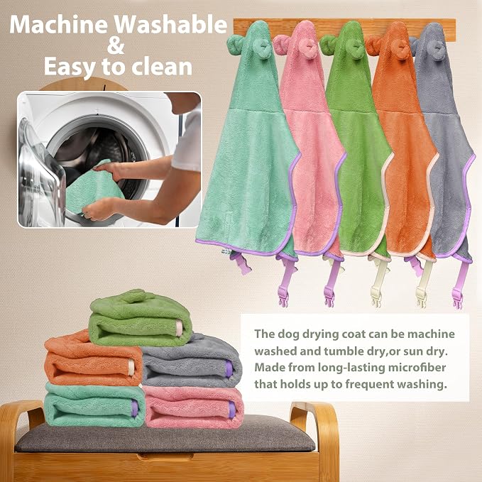 Dog Bathrobe Super Absorbent Towel Robe - Microfiber Bath Towels Fast Drying Coat for Dogs, Cute Dogs Clothes Adjustable Collar & Belly Strap Warm Keeping Hooded Dog Towel (Light Green, X-Large)