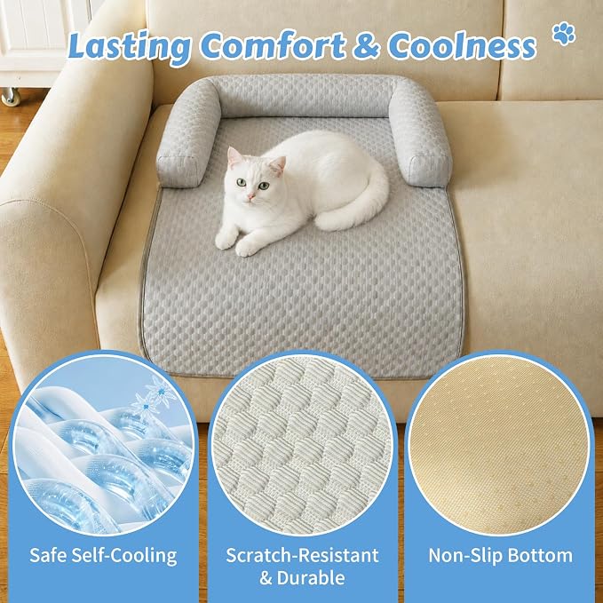 Cooling Pet Bed Mats with Neck & Head Support, 31.5 x 23.62 inch Grey | for Small and Medium Dogs & Cats, Non-Slip, Machine Washable, Protects Sofa from Fur & Scratches