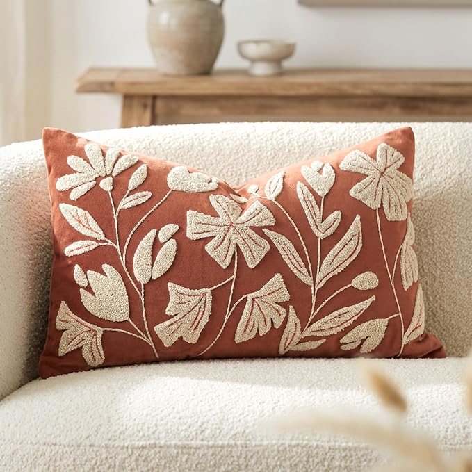 Lumbar Pillow Cover 12x20 Inch, Rust Terracotta Floral Tufted Velvet Decorative Accent Pillow Case for Sofa Bed Living Room, Cover Only