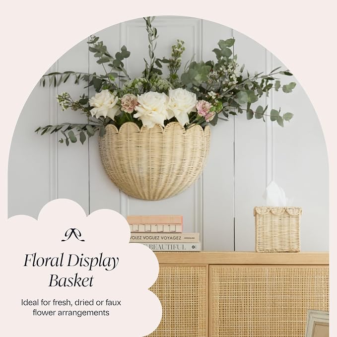 BEBE BASK The Original Scalloped Wicker Wall Basket – Set of 2 (16x10x7 In) | Handwoven Scalloped Wall Baskets, Rattan Wall Hanging Baskets, Wall Storage Basket for Nursery, Living Room Natural