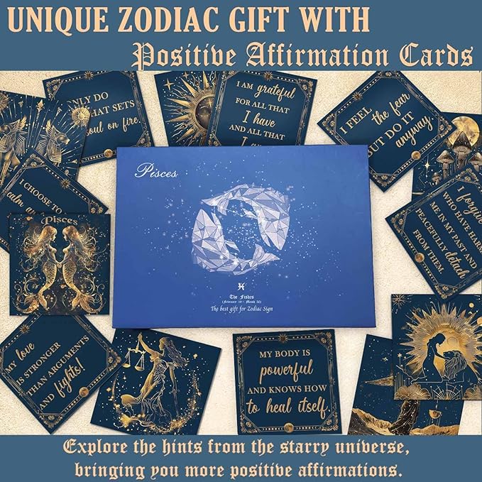 Faivykyd Pisces Crystals Gift, 6 Pisces Zodiac Natural Stones w/ 50 Miracle Mantras Affirmation Cards, Unique Healing Gift for Women Promoting Positive Energy, Self-Care, & Love