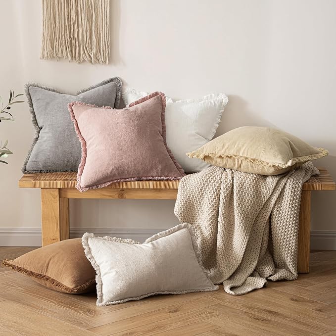 MIULEE Boho Linen Fringe Decorative Throw Pillow Covers White 20x20 | Set of 2, Cottagecore Decor, Boho Farmhouse Neutral Pillow Covers, Rustic Couch Cushion Cases for Sofa Bed Living Room