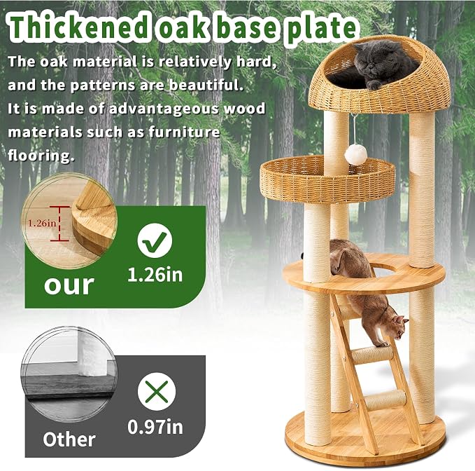 SHODMI Modern Cat Tree Tower for Large Indoor Cats, 53-Inch, 2 Basket Beds | 8 cm thick sisal scratching posts, 20.5-inch wide stable base, rubberwood frame, sisal stairs, plush & cooling mats
