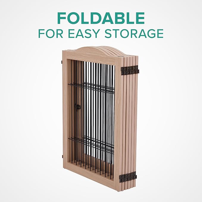 Arf Pets Freestanding Dog Gate with Door, 6 Panel 360° configurable Wooden Wire Fence, 132" Wide, 31.5" Tall, Foldable, Five Support Feet Included, for The House - Indoor Use